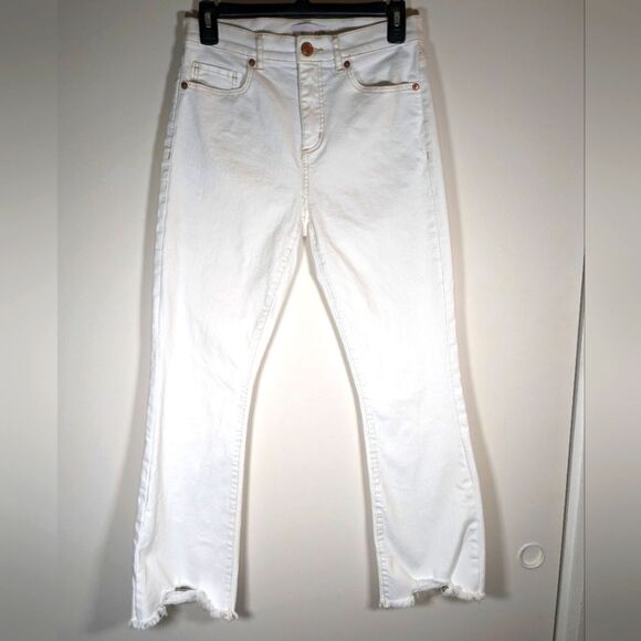 Loft White High Waisted Flared Crop Open Ankle Hem Denim Pants Size 26/2 - Picture 1 of 7